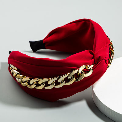 Korean Creative Fabric Headband with Gold Chain Decoration - Wide-brimmed Knotted Design