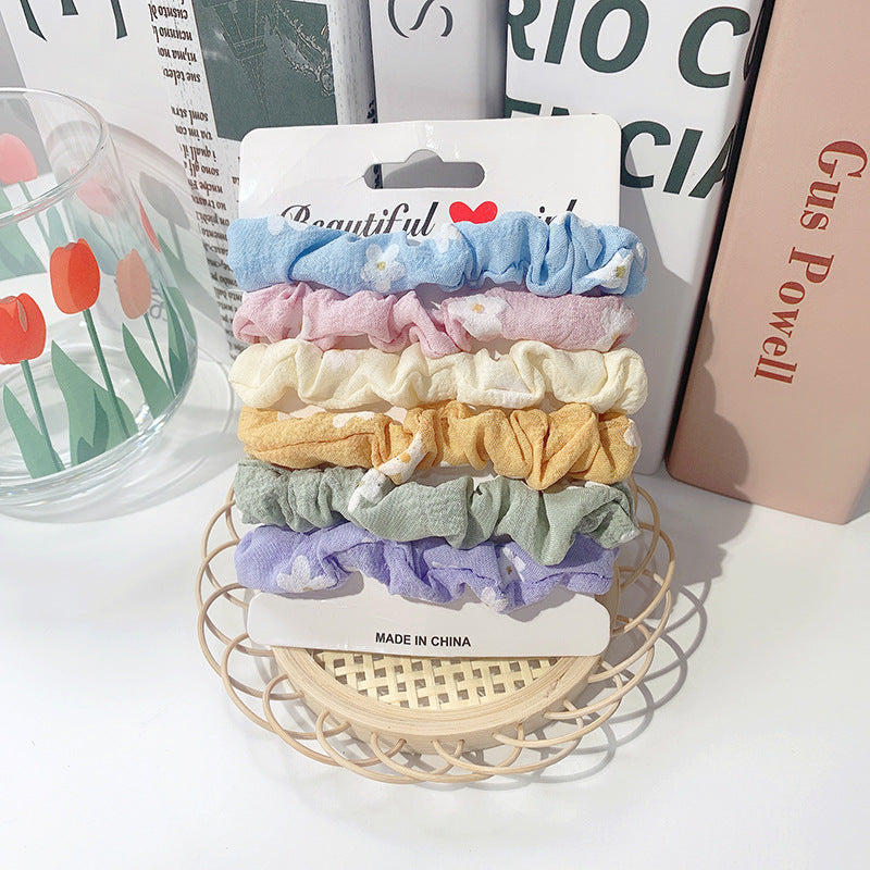 Korean Satin Hair Scrunchies Set - Daisy Print Elastic Hair Bands for Women