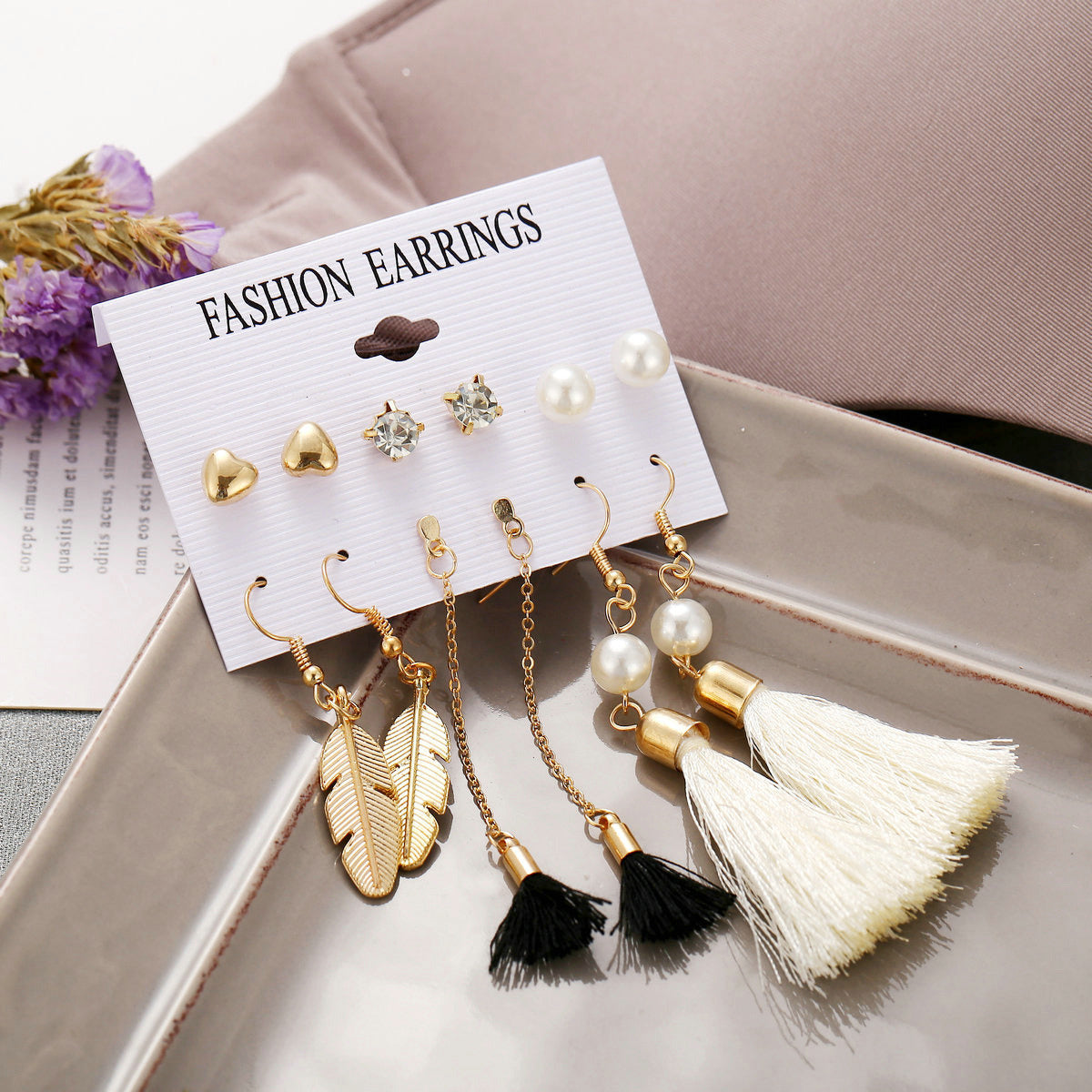 New Hot Sale Bohemian Moon Triangle Tassel Earring Set 6 Pairs Wholesale
