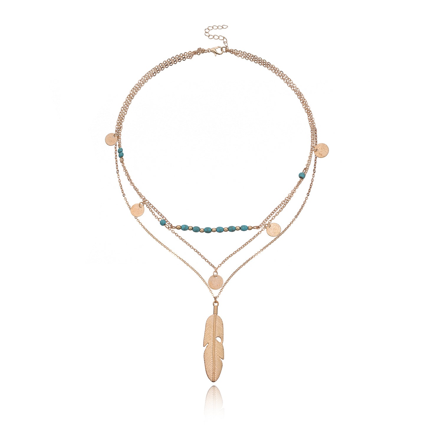 Retro Feather Turquoise Beaded Layered Necklace