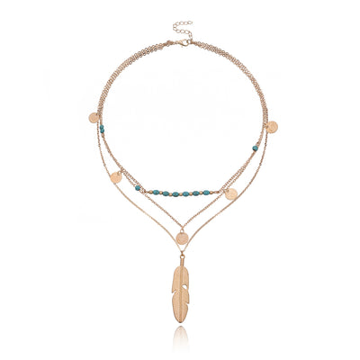 Retro Feather Turquoise Beaded Layered Necklace