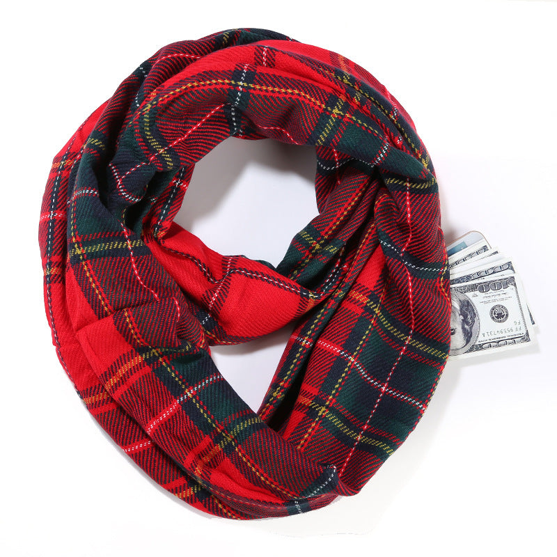 Women's Classic Color Block Imitation Cashmere Scarf with Pocket Zipper