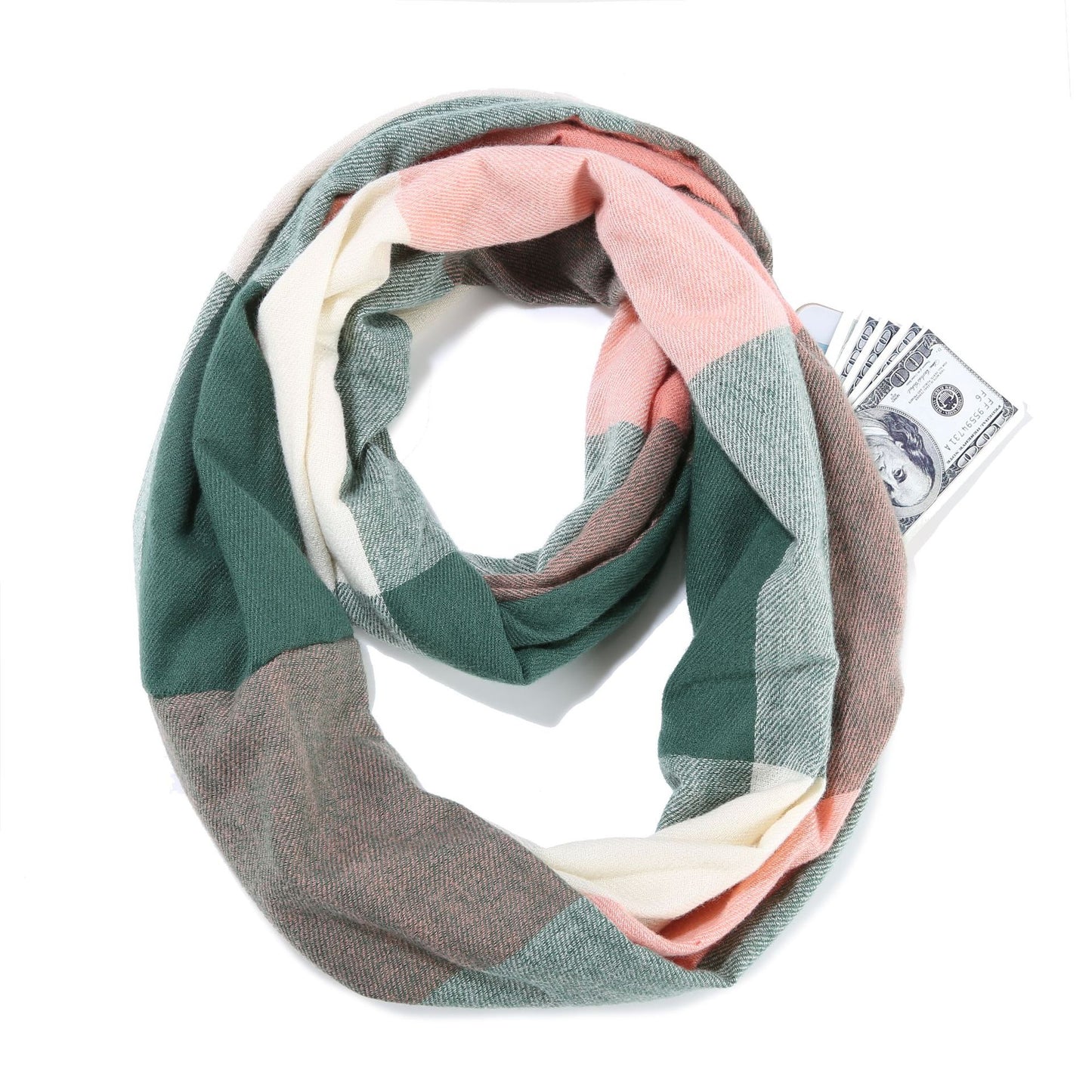 Women's Classic Color Block Imitation Cashmere Scarf with Pocket Zipper