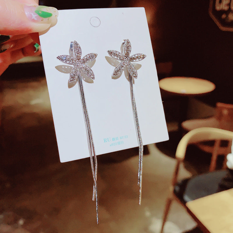 Korean Full Diamond Five-leaf Flower Long Tassel Earrings