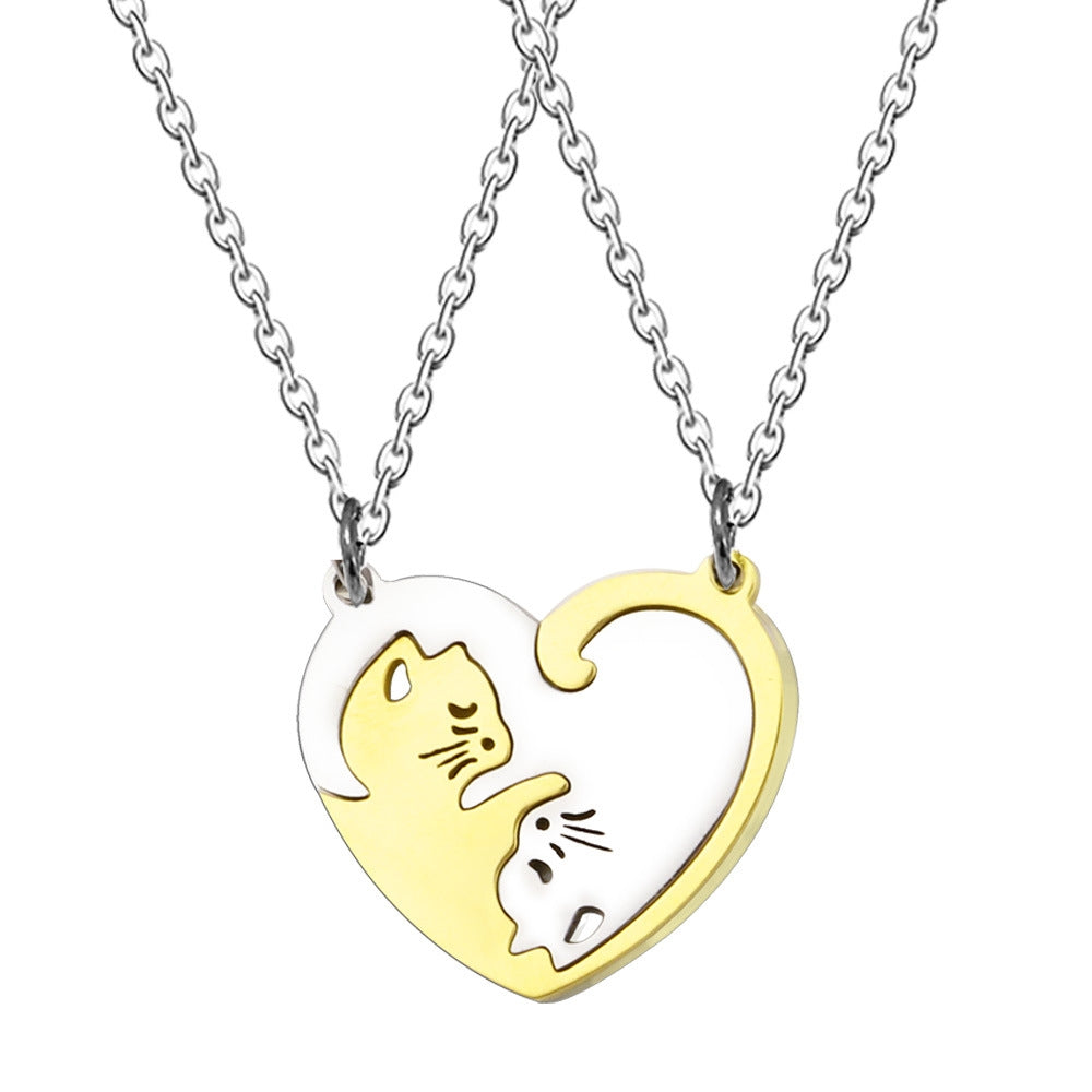 2 Piece Heart Shape Cat Stainless Steel Pendant Keychain Necklace Set