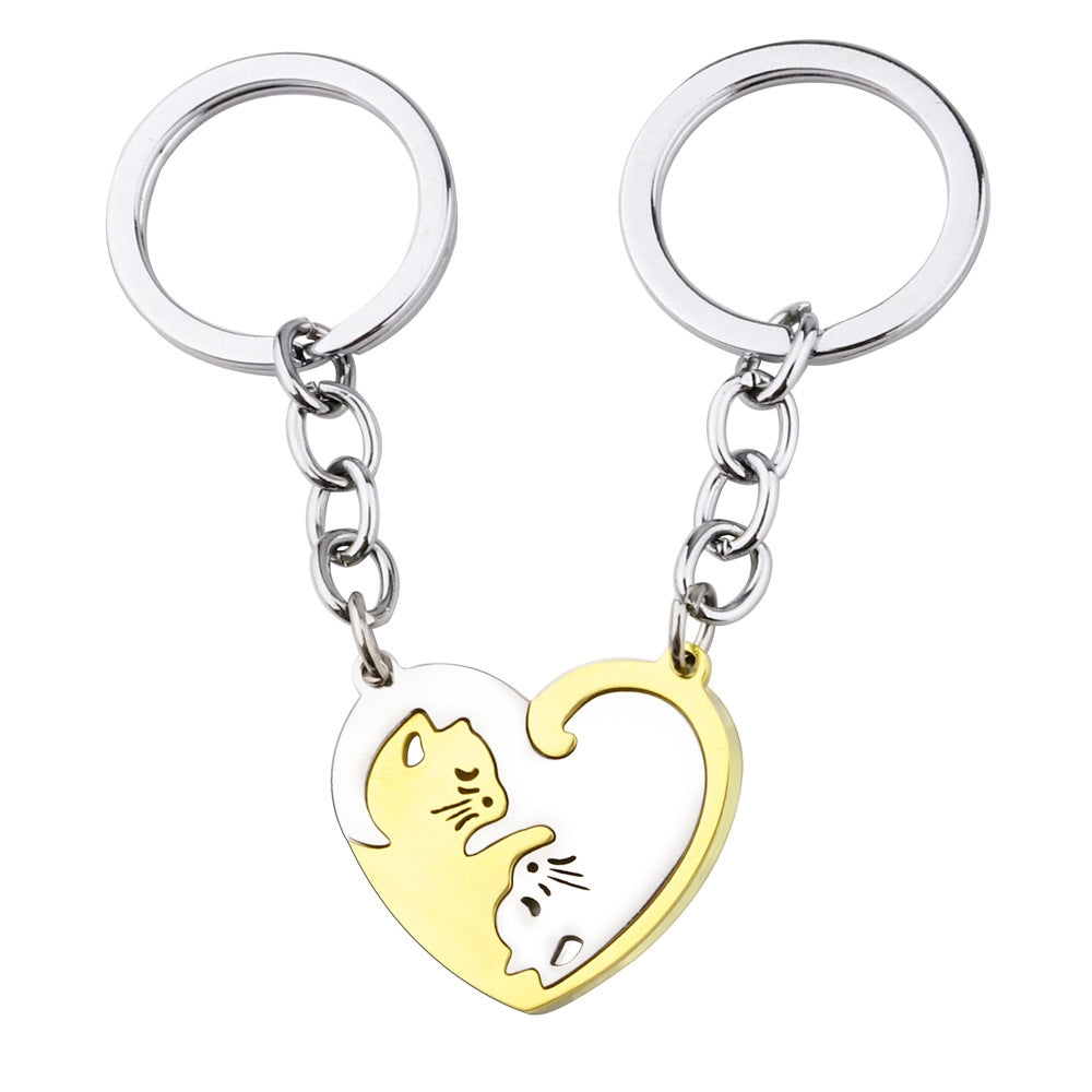 2 Piece Heart Shape Cat Stainless Steel Pendant Keychain Necklace Set