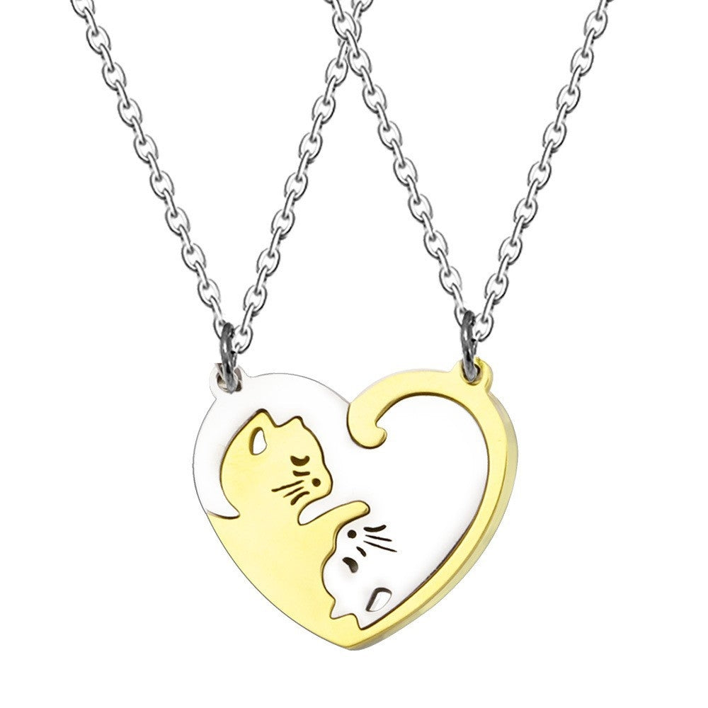 2 Piece Heart Shape Cat Stainless Steel Pendant Keychain Necklace Set