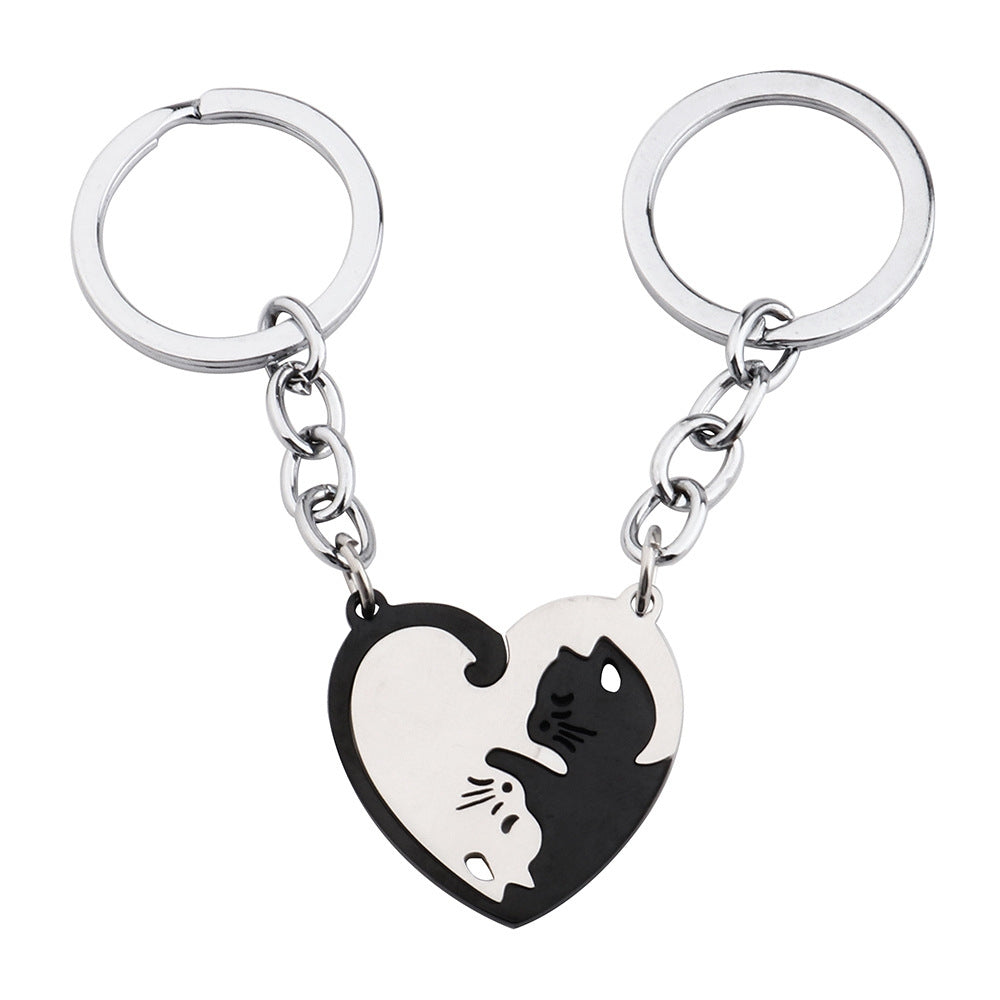 2 Piece Heart Shape Cat Stainless Steel Pendant Keychain Necklace Set