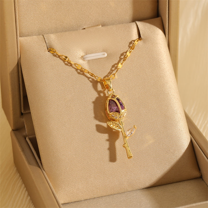 18K Gold Plated Stainless Steel Tulip Zircon Pendant Necklace