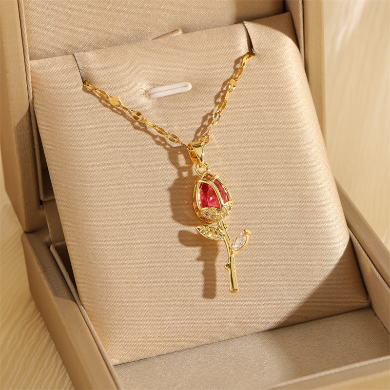 18K Gold Plated Stainless Steel Tulip Zircon Pendant Necklace