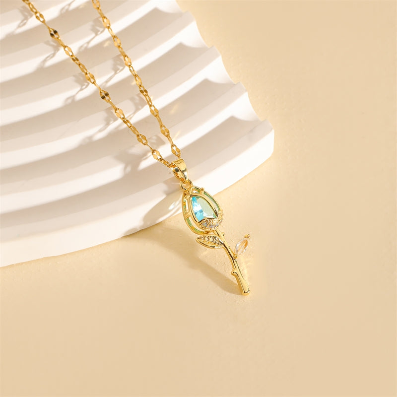 18K Gold Plated Stainless Steel Tulip Zircon Pendant Necklace