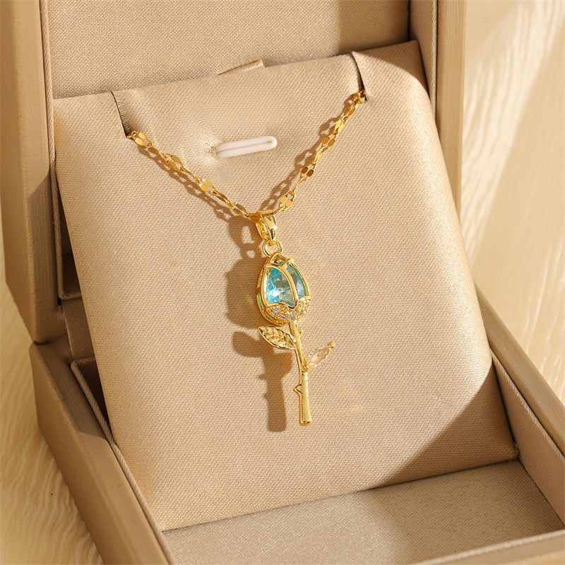 18K Gold Plated Stainless Steel Tulip Zircon Pendant Necklace