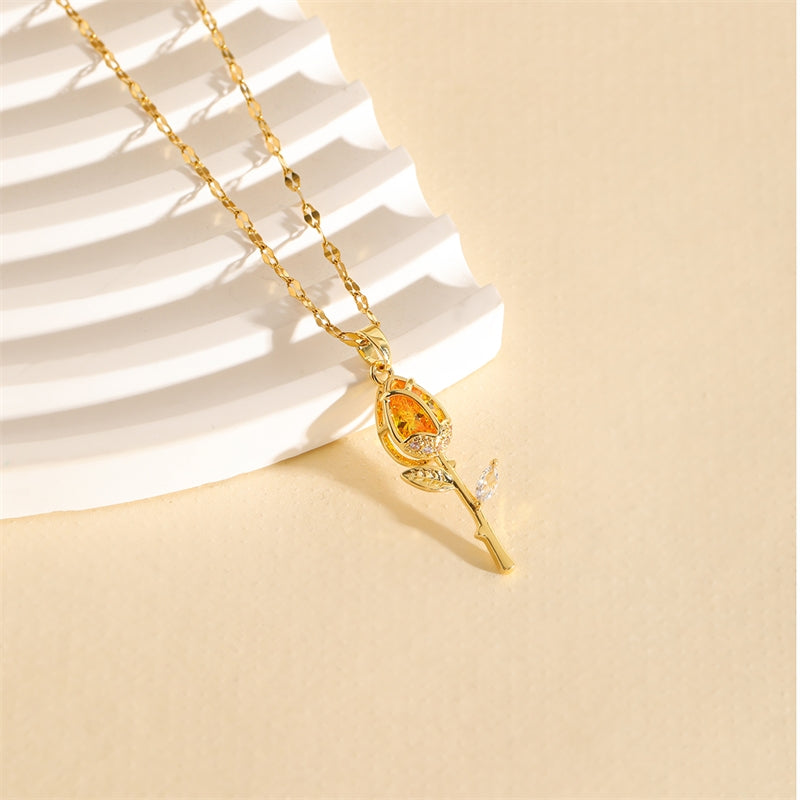 18K Gold Plated Stainless Steel Tulip Zircon Pendant Necklace