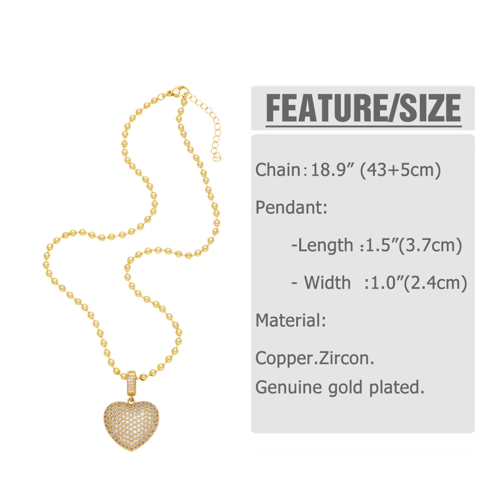 201 Stainless Steel 18K Gold Plated Heart Shape Zircon Pendant Necklace