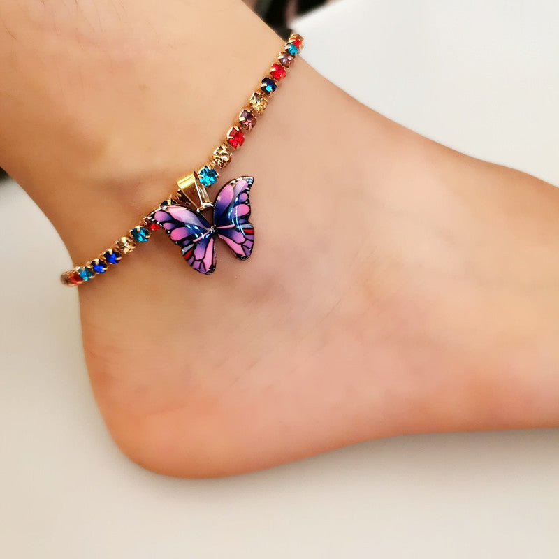 Butterfly Pendant Anklet with Colorful Gemstones for Women