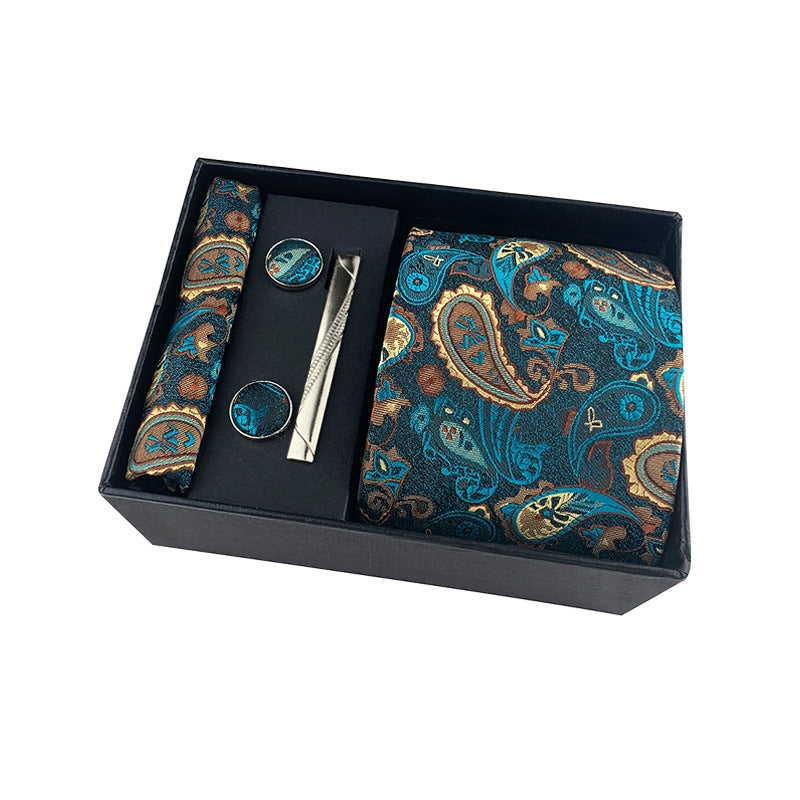 Paisley Men's Tie Set with Cufflinks and Pocket Square in Black Gift Box - Business and Wedding Accessories