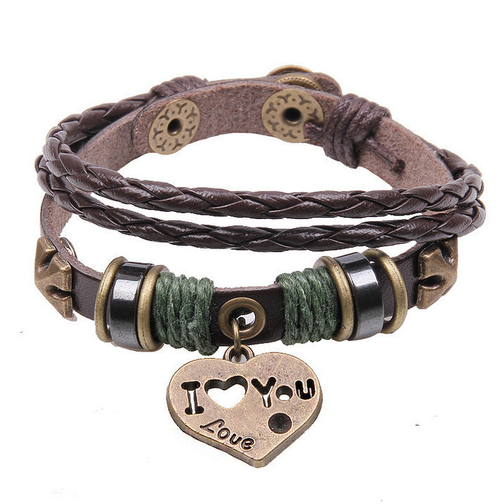 Vintage Romantic Heart Shape Leather Layered Unisex Bracelet