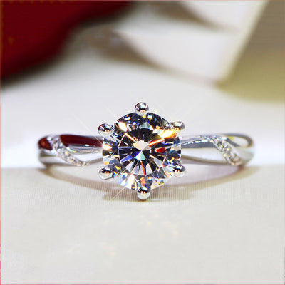 Pt950 Plated Platinum Moissanite Diamond Ring with Classic Micro Inlaid Hearts and Arrows Six Claw Design