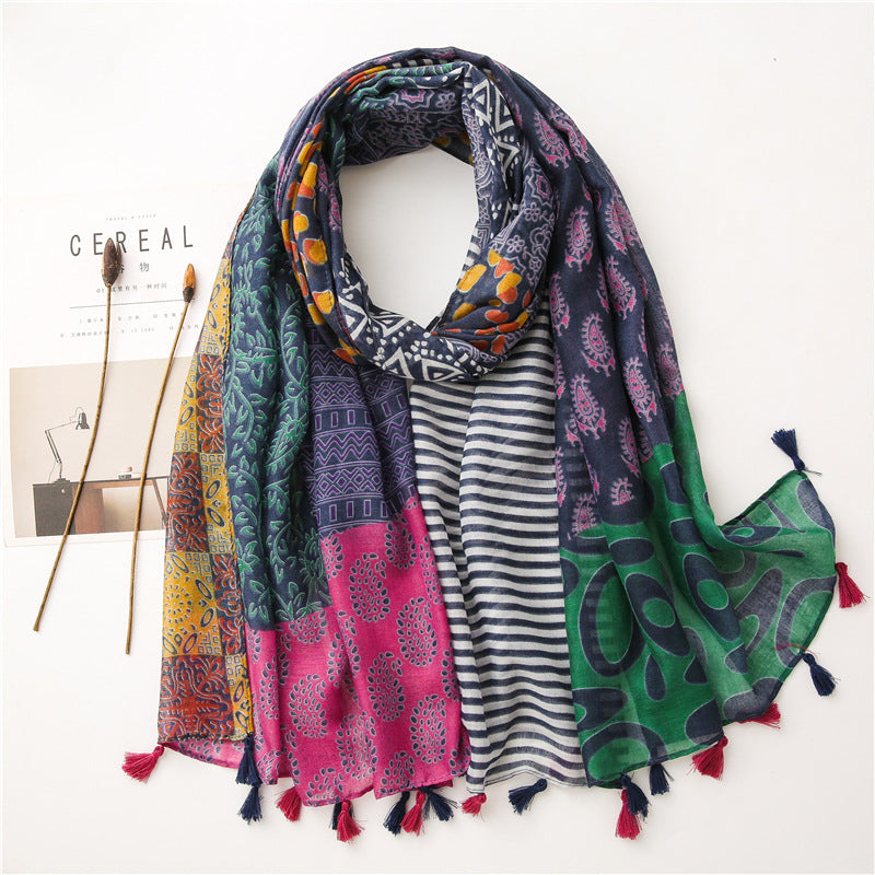 Fashion Floral Cotton Linen Scarf with Silk Accent for Women