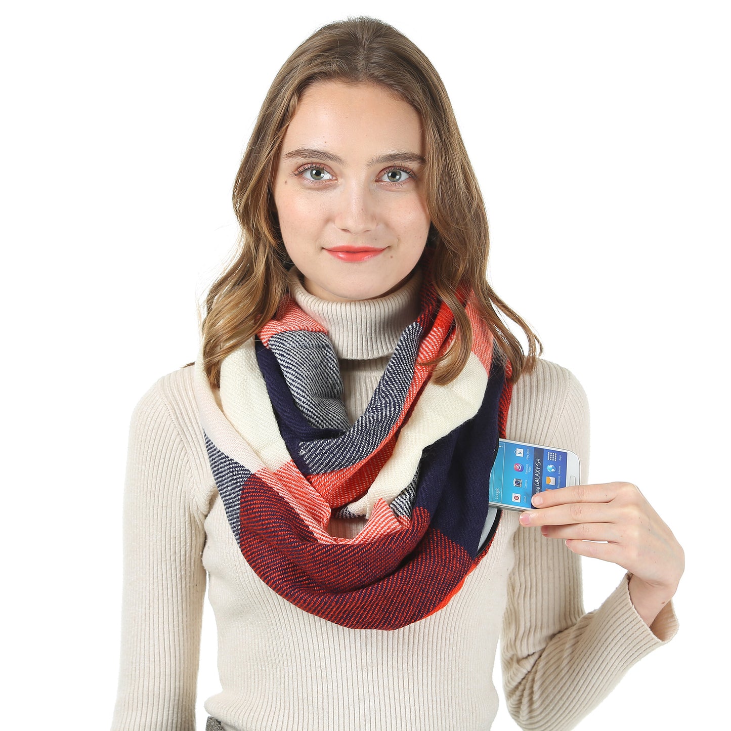 Women's Classic Color Block Imitation Cashmere Scarf with Pocket Zipper