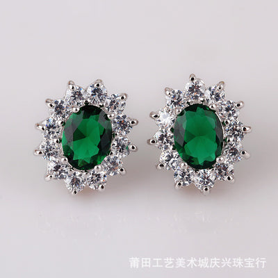 Vintage Oval Zircon Inlay White Gold Plated Ear Clips Studs