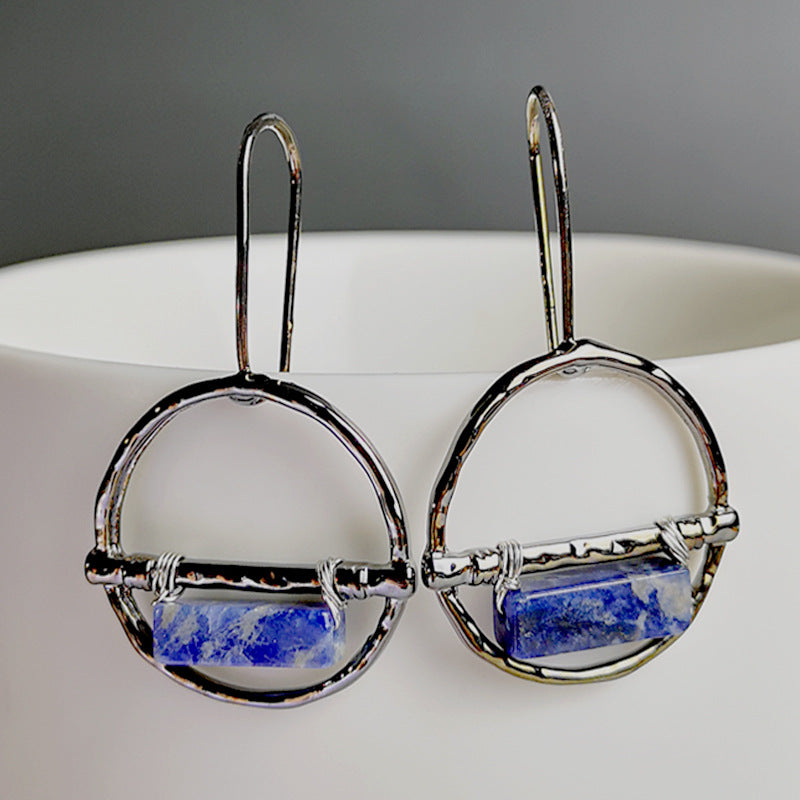 Handcrafted Retro Lapis Lazuli Hoop Earrings in Silver Finish