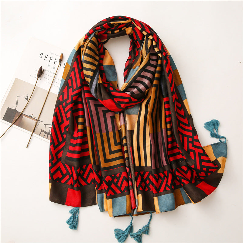 Starry Geometric Cartoon Cotton Linen Oversized Scarf with Colorful Tassels