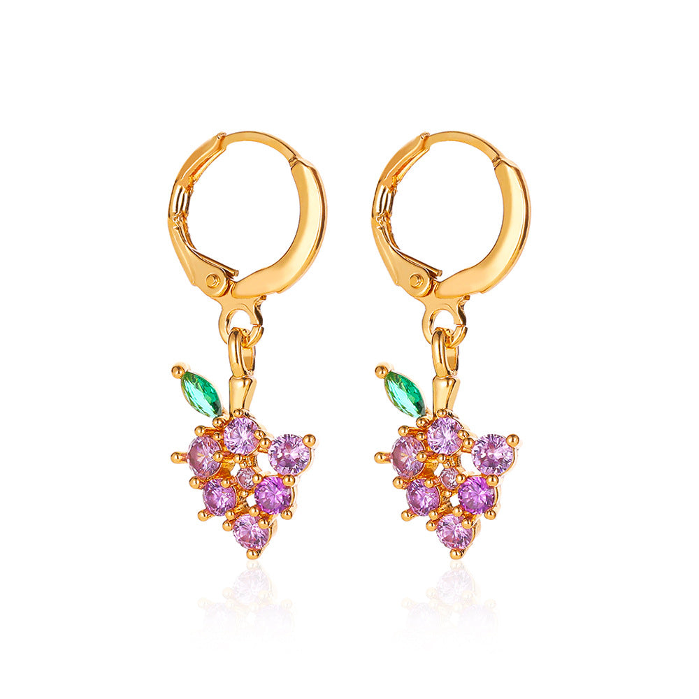 Colorful Zircon Fruit Earrings - Grape, Cherry, Pineapple, Peach, and Strawberry Design