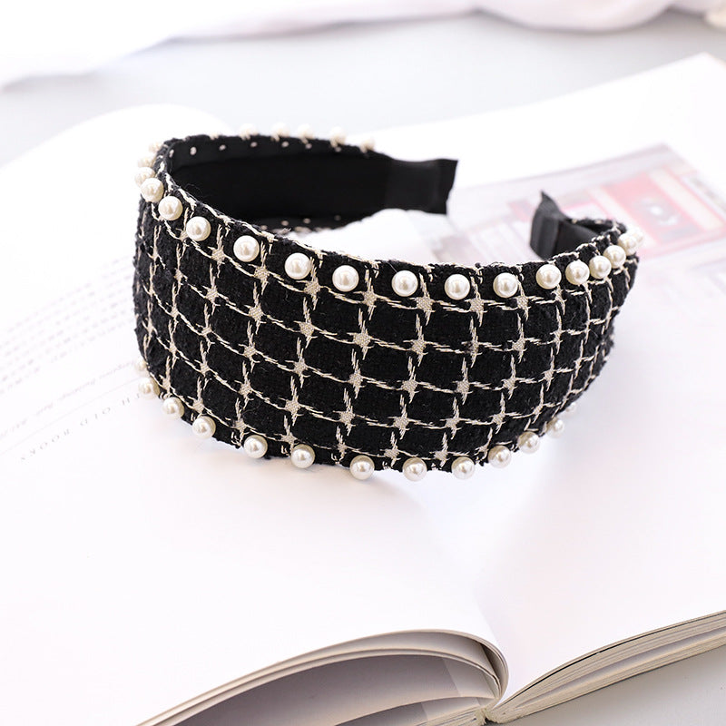 Pearl Studded Plaid Fabric Headband