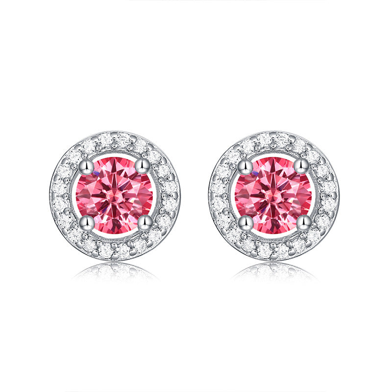 Sweet Round Sterling Silver Moissanite Pink Ear Studs