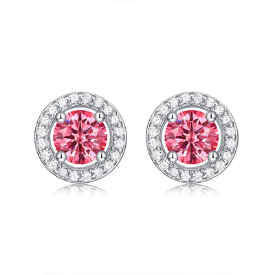 Sweet Round Sterling Silver Moissanite Pink Ear Studs