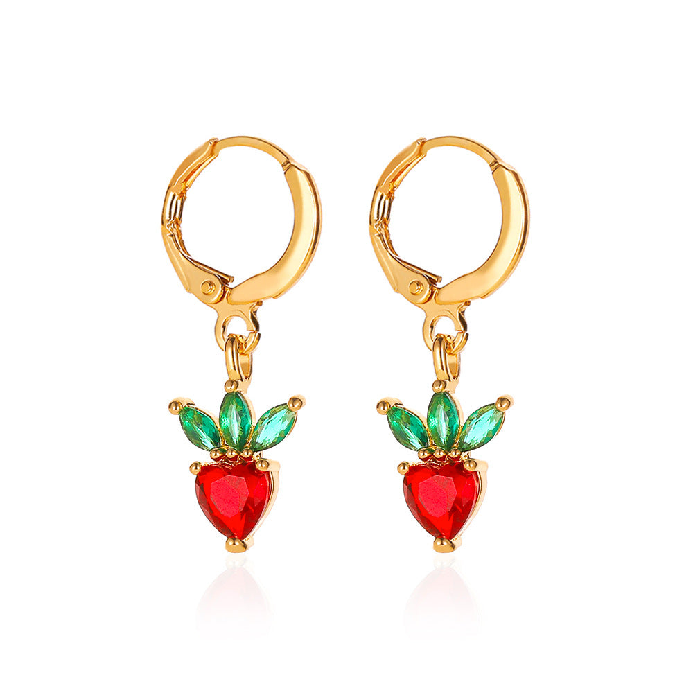 Colorful Zircon Fruit Earrings - Grape, Cherry, Pineapple, Peach, and Strawberry Design