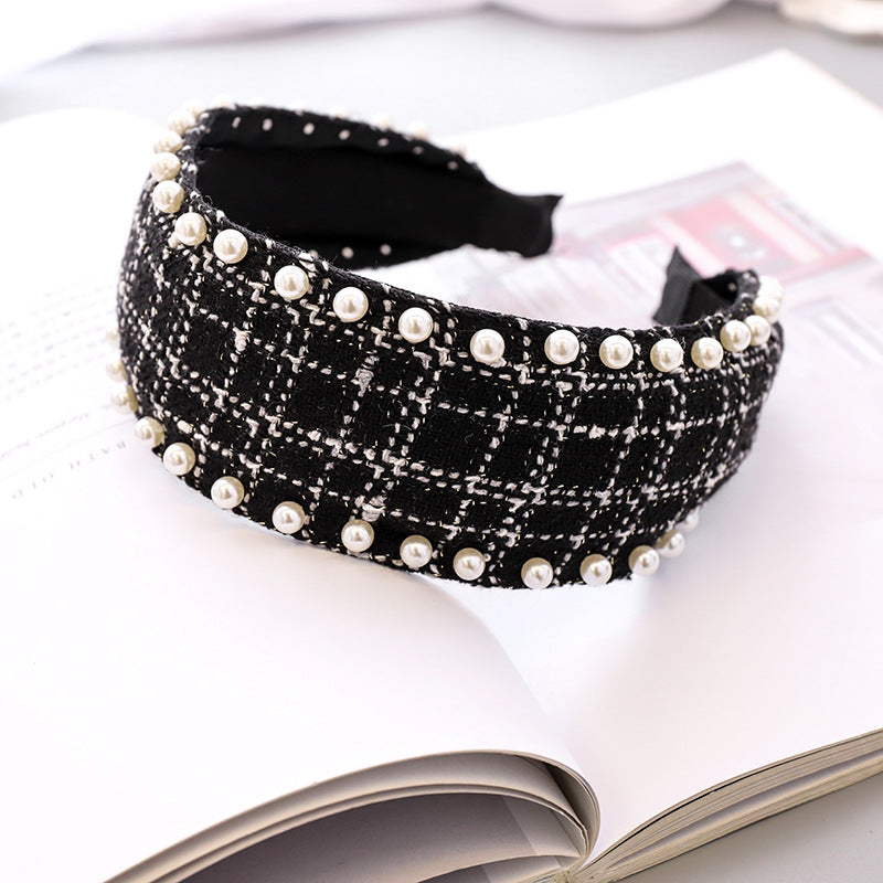 Pearl Studded Plaid Fabric Headband