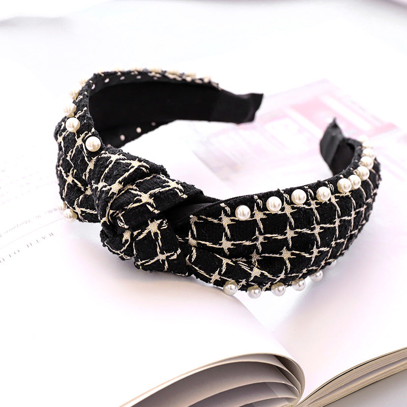 Pearl Studded Plaid Fabric Headband