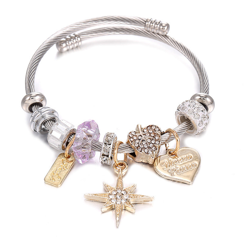 Geometric Rhinestone Stainless Steel Bangle with Gold Star and Pink Heart Charms Bracelet