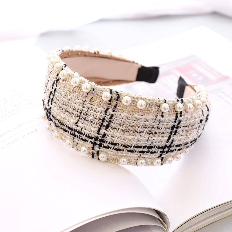 Pearl Studded Plaid Fabric Headband