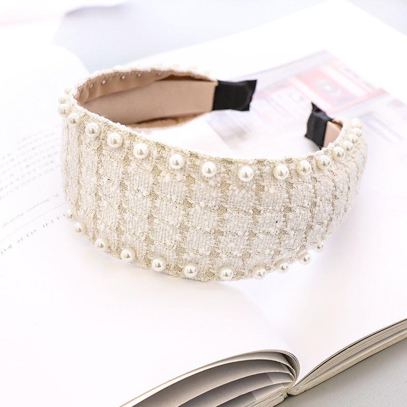 Pearl Studded Plaid Fabric Headband