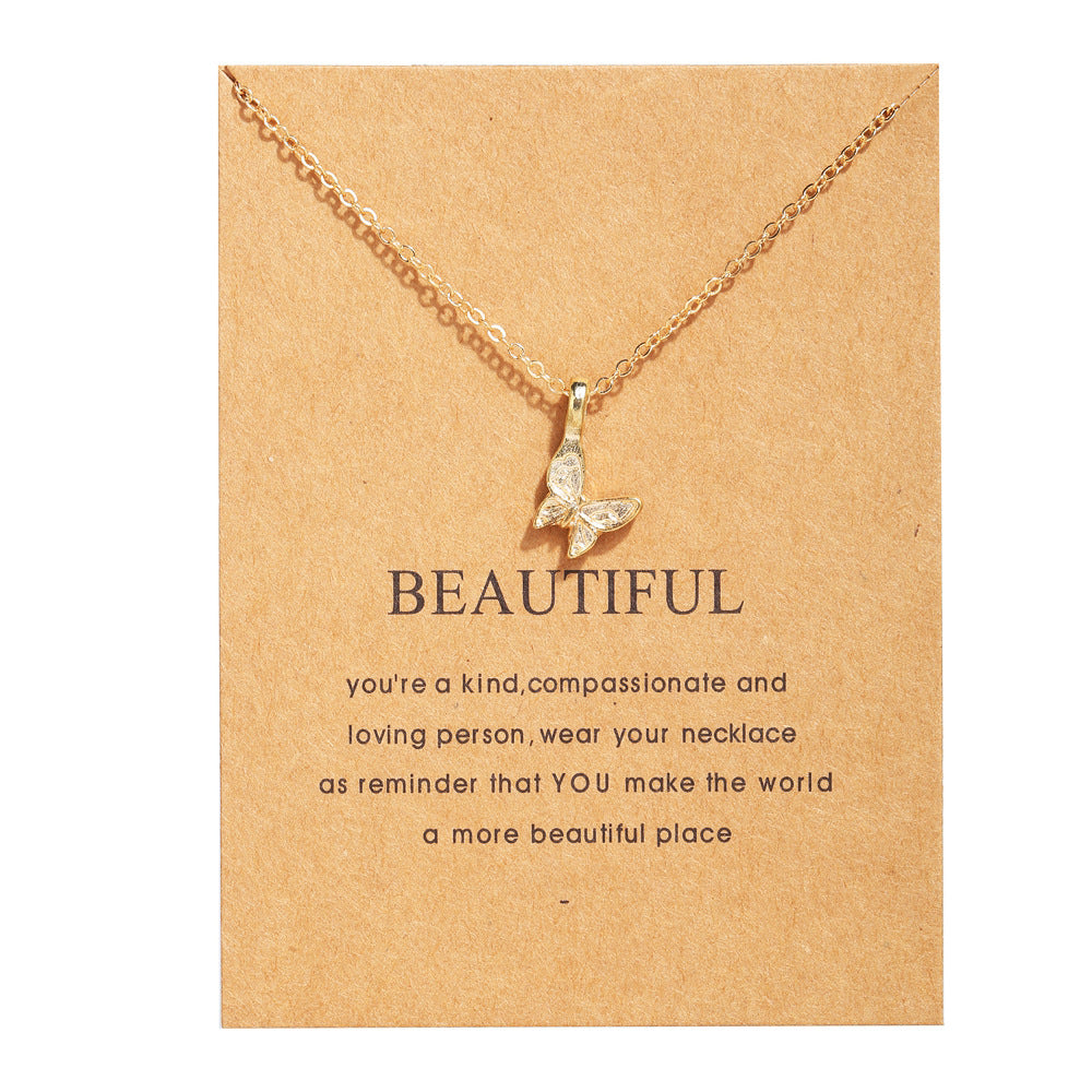 Creative Pearl Feather Clavicle Chain Retro Letter Paper Card Butterfly Elephant Cat Alloy Necklace