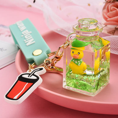 Cute Quicksand Yellow Duck Dinosaur Perfume Bottle Acrylic Keychain Accessory