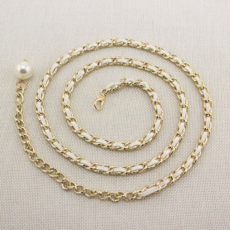 Basic Geometric Metal Chain Belt with Pearl Accent for Women