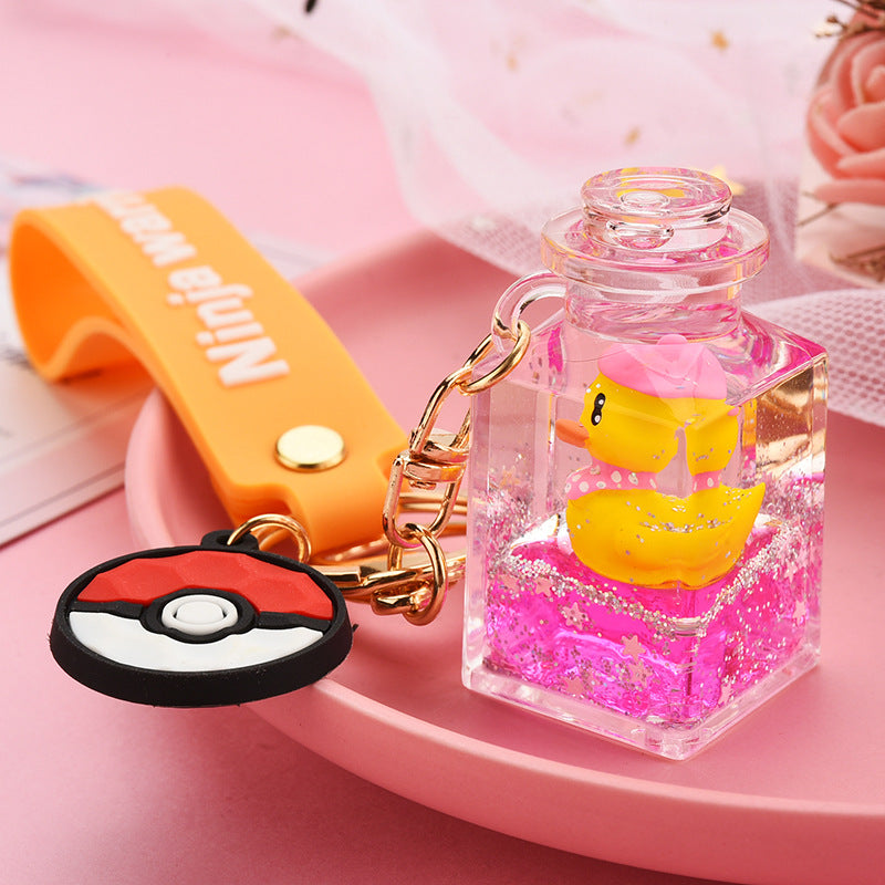 Cute Quicksand Yellow Duck Dinosaur Perfume Bottle Acrylic Keychain Accessory