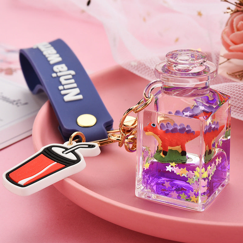 Cute Quicksand Yellow Duck Dinosaur Perfume Bottle Acrylic Keychain Accessory