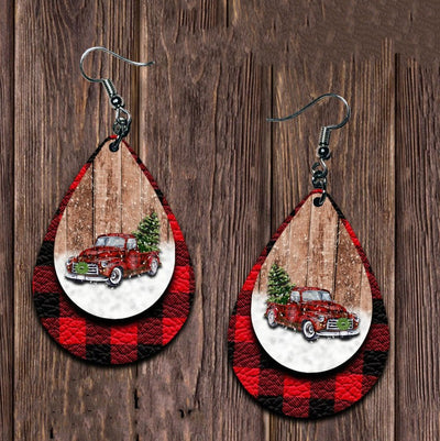 Christmas Tree Car Print Leather Drop Earrings