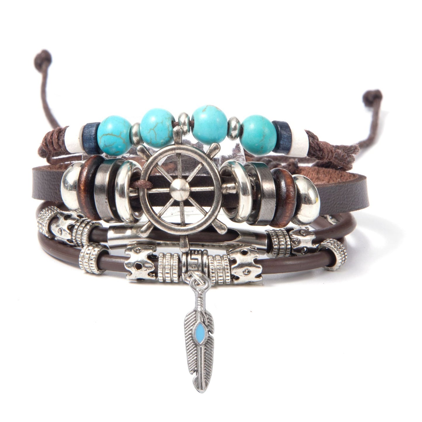 Retro Turquoise Leather Beaded Unisex Bracelet Set - Multi-Layer Pendant Design