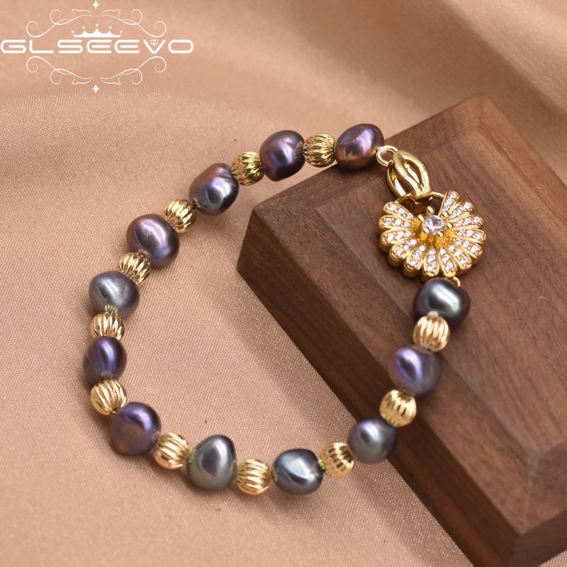 Elegant Retro Geometric Freshwater Pearl 18k Gold Plated Bracelet - Korean Style Handcrafted Purple Pearl Ornament