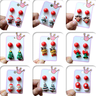 Acrylic Christmas Tree Snowman Elk Women's Ear Clips - Colorful Cartoon Design