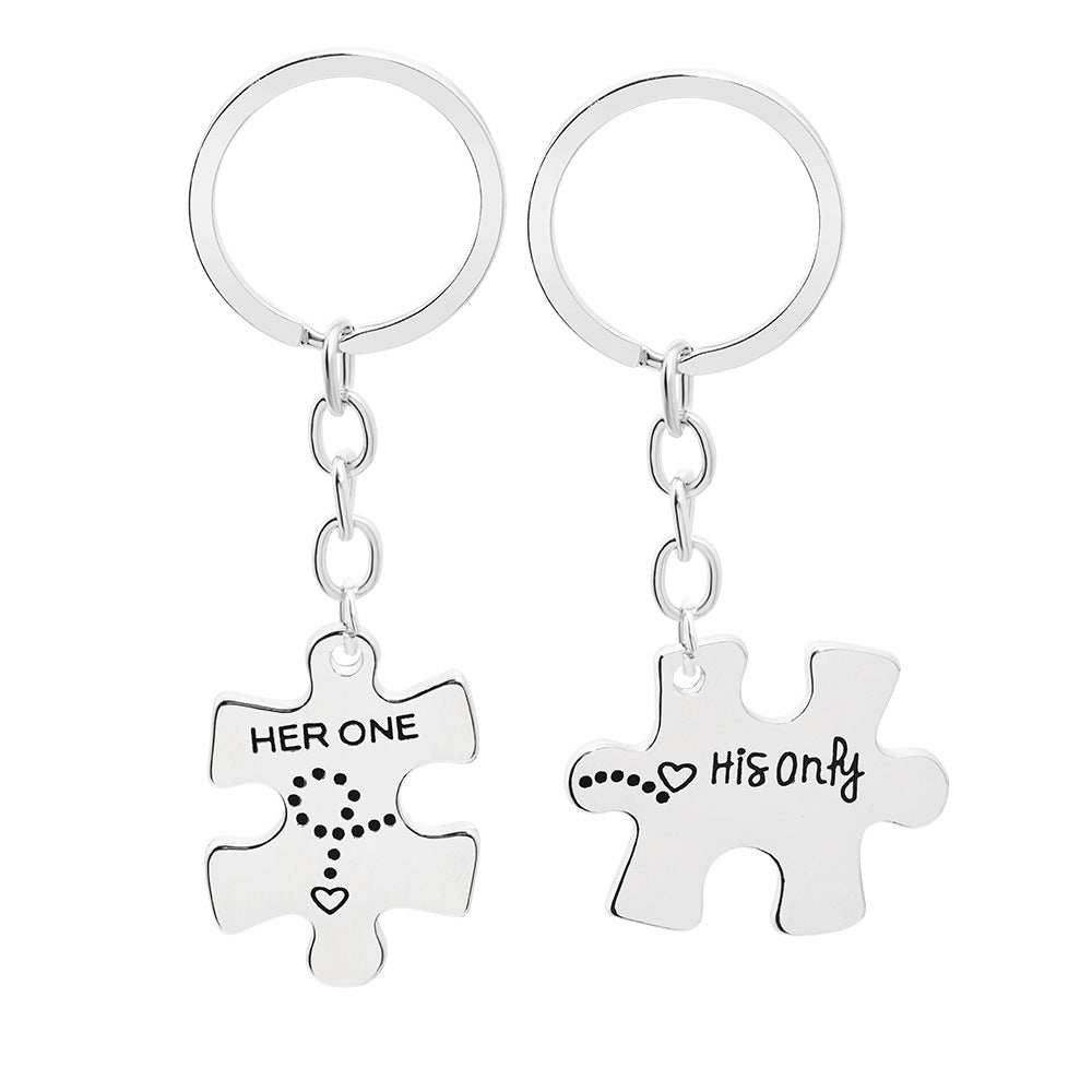 Fashion Geometric Puzzle Keychain with Personalized Letter Pendant for Couples