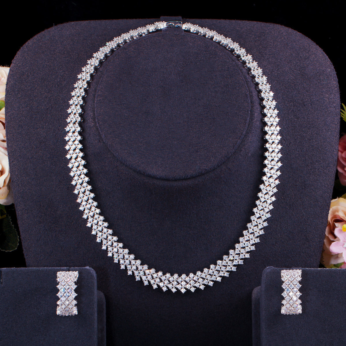 Luxurious Bridal Jewelry Set with Quadrilateral Artificial Gemstones and AAA Zirconia Necklace and Earrings, 14k Gold and Rhodium Plated