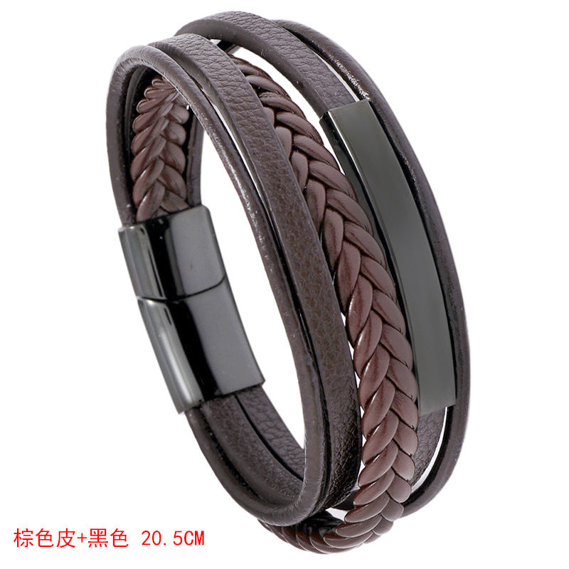 Geometric Unisex Leather and Stainless Steel Bracelet