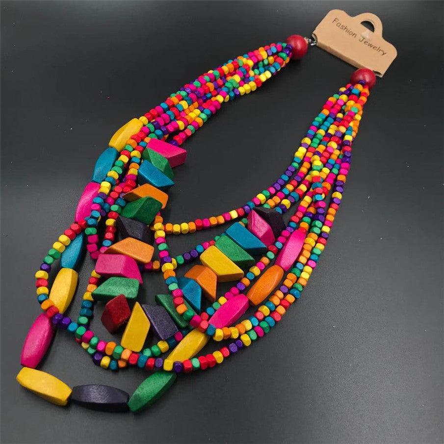 Retro Bohemian Multilayer Wood Beaded Long Necklace for Women